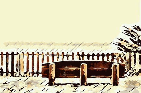 wooden bench and wooden fence at the beachの写真素材