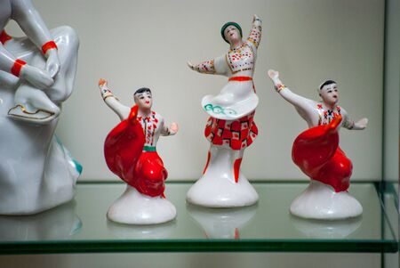 Porcelain rare figures standing in a glass caseの写真素材