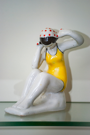 Porcelain rare figures standing in a glass caseの写真素材
