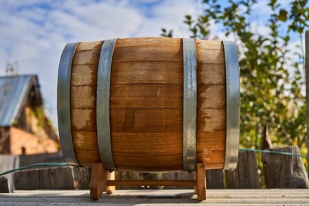 Oak barrel is dried before useの写真素材