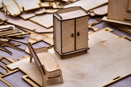 Toy small furniture laser cut from plywoodの写真素材