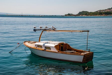 Pleasure boat with canopy off the coast of Croatia