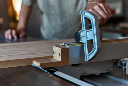 Measuring scale with a stopper on the panel squaring sawの写真素材