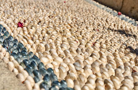 Pavement is laid out in light and dark pebblesの写真素材