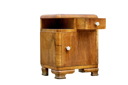 Vintage nightstand with drawer isolated on white background. Bedroom furniture