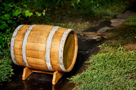 Wooden barrel for 20 liters. Wooden barrel covered with wax. Night photo