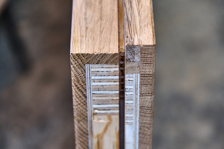 Wood door manufacturing process. Door leaf. Woodworking and carpentry production. Furniture...