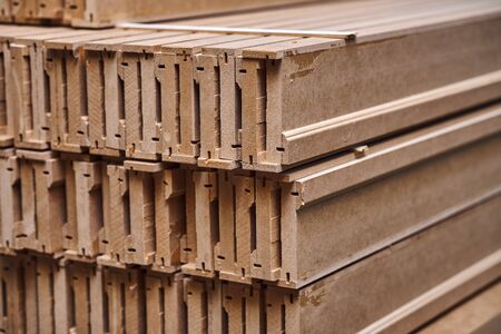 Joinery. Wood door manufacturing process. Stacked door architraves. Woodworking and carpentry...