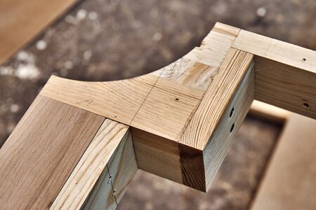 Joinery. Wooden headboard building process. Wooden furniture manufacturing process. Furniture...