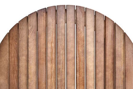 Round table top made of wooden slats for outdoor table isolated on white background close upper viewの写真素材