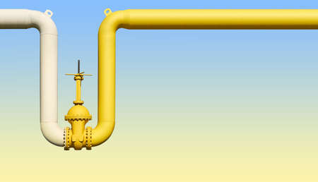 Large water shutoff valve with flanges and lever on pipeline system isolated on blue yellow gradient background front viewの写真素材