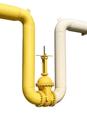 Large water shutoff valve with flanges and lever on pipeline system isolated on white backgroundの写真素材