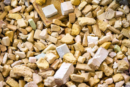 Pit with foam rubber for jumping in old gymnastic center. Old Gym equipment in the gymnastic center closeupの写真素材