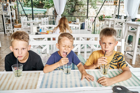 Brothers sit at wooden table in restaurant drinking lemonade from glasses using straws. Siblings enjoy going together to restaurant to taste mealsの写真素材