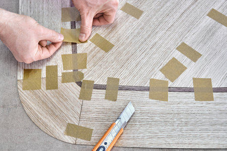 Carpenter joints veneer with tape for table top of dining table with geometric pattern on workbench in workshop upper close viewの写真素材