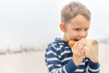 Hungry little boy with hood eats sandwich on misty day. Cute child bites snack resting in foggy highland. Kid has dinner outdoorsの写真素材