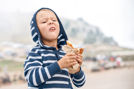 Funny little boy in hoodie makes grimace holding sandwich in mountain park. Playful child enjoy healthy snack resting on travel. Cute kid with bunの写真素材