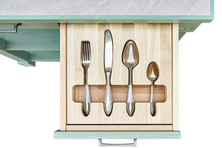 Shiny silverware in craved wooden tray in serving table drawer isolated on white background upper view. Comfortable storage for cutlery keepingの写真素材