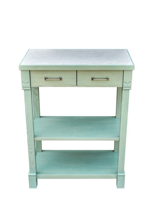 Wooden serving table with drawers and shelves of ash tree massive and light green enamel paint isolated on white backgroundの写真素材