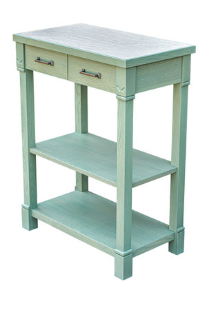 Wooden serving table with drawers and shelves of ash tree massive and light green enamel paint isolated on white backgroundの写真素材