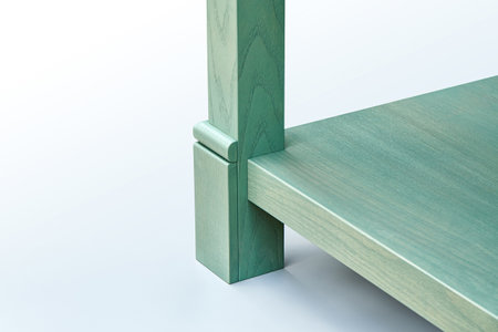 Wooden serving table with drawers and shelves of ash tree massive and green enamel paint isolated on white background closeupの写真素材