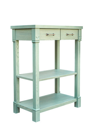 Wooden serving table with drawers and shelves of ash tree massive and light green enamel paint isolated on white backgroundの写真素材