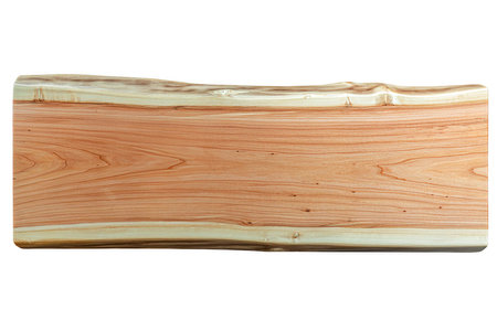 Live edge wooden board with beautiful grain and knots isolated on white background. Upper viewの写真素材