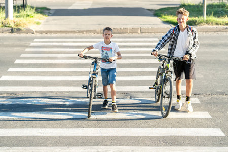 Two boys in everyday attire walking and wheeling bicycles through a pedestrian crosswalk, adhering to the crossing rules as cyclistsの写真素材