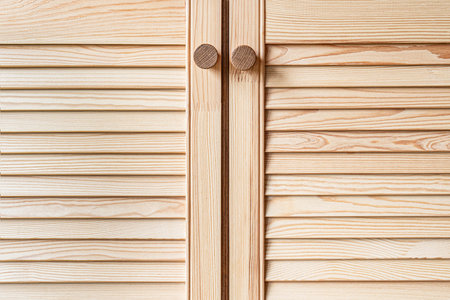 Wooden louvered doors with wooden knob handles close-up. Louvered doors of outdoor kitchen are made from light pine wood with natural grain patternの写真素材