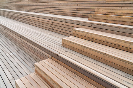 Wooden steps and seating area and modern outdoor design concept. Natural aestheticの写真素材