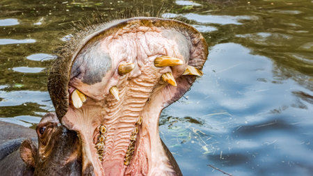 Hippopotamus in water with mouth wide open showing large teeth at zoo pool with concrete edge and green leaves, concept of wild animal behaviorの写真素材