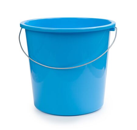 Blue bucket plastic isolated on white.の写真素材