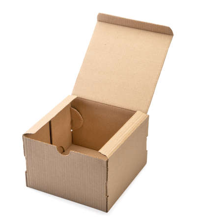 Empty open cardboard box. Postal and transport packaging isolated on a white backgroundの写真素材