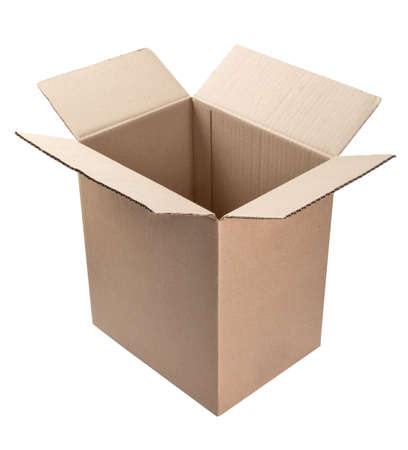 Empty open cardboard box. Postal and transport packaging isolated on a white backgroundの写真素材