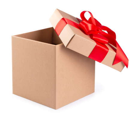 open gift cardboard box and red bow isolated on white backgroundの写真素材