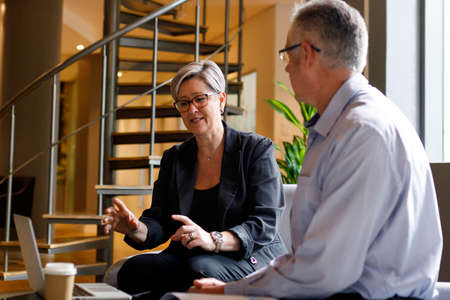 Caucasian mature businesswoman explaining development strategies over laptop to businessman in...