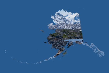 Framed in a dark, blue background, a silhouette of Alaska is filled with a beautiful, scenic image of snow covered mountains, rugged terrain,  and a beautiful lake. Ample room for text / copy.の写真素材