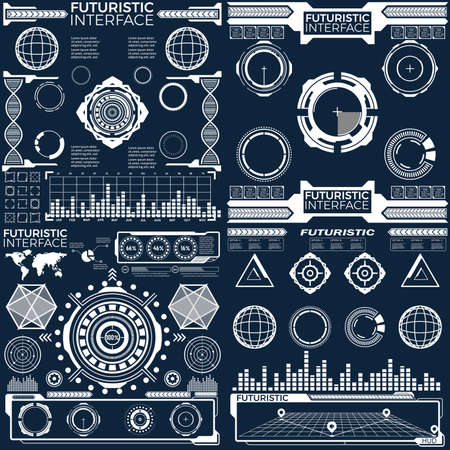 set of black and white infographic elements. Head-up display elements for the web and app. Futuristic user interface. Virtual graphic.のイラスト素材