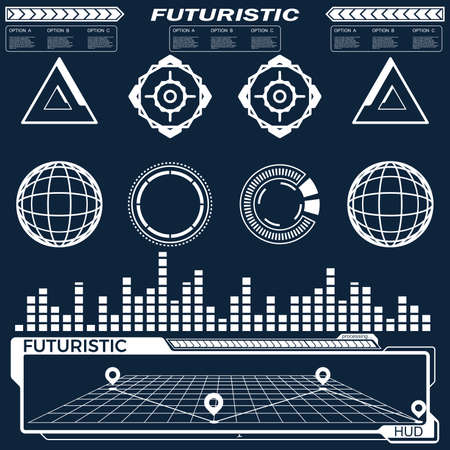set of black and white infographic elements. Head-up display elements for the web and app. Futuristic user interface. Virtual graphic.のイラスト素材