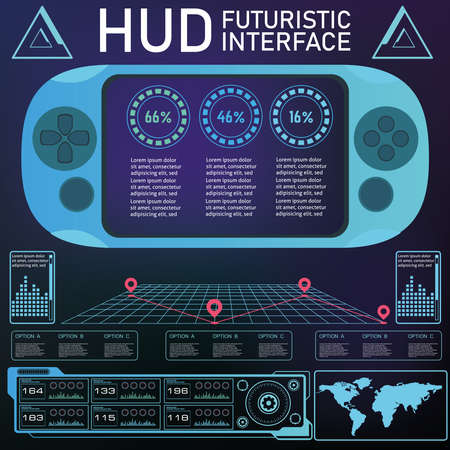 HUD UI GUI futuristic user interface screen elements set. High tech screen for video game. Sci-fi...