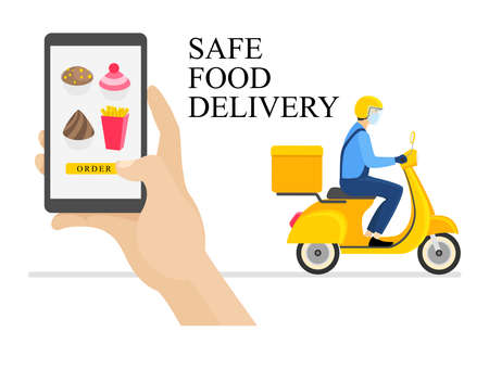 Delivery, the guy on the moped. Contactless delivery. Stay at home concept. Concept of quarantine and prevention of spread of coronavirus.Service for ordering food online. Courier services. Vector.のイラスト素材