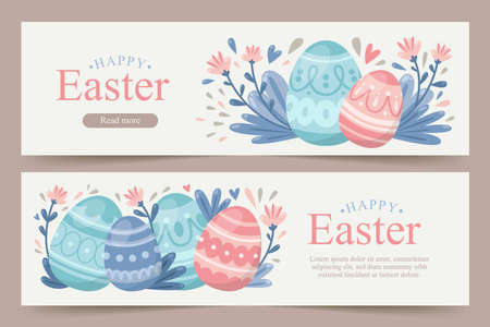 Crowd of people carrying large decorated easter eggs, cakes, baskets, flowers and pussy willow branches, playing children dressed in rabbit costumes. Flat cartoon colorful vector illustration.のイラスト素材