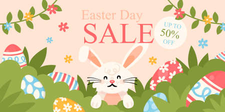 Happy Easter sales banner flat template. Pascha discount flyer design with cartoon kawaii character. Winking bunny with eggs on green grass. Printable postcard, holiday invitation, horizontal posterのイラスト素材