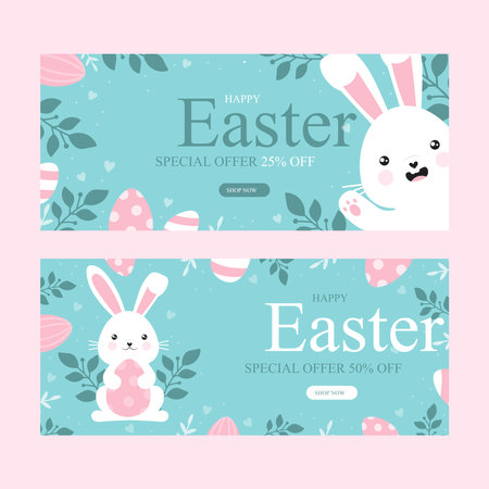 Cute Easter Bunny with a hand-drawn phrase Happy Easter . Easter eggs, branches with leaves, flowers. Calligraphy brush for invitation and greeting card.のイラスト素材