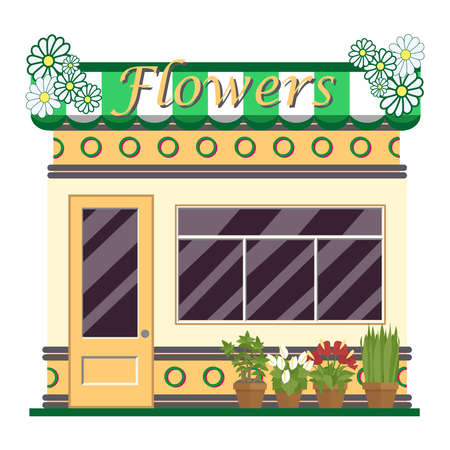 Flower shop. Pastel colors. Shop and flowers. Vector set in flat style.のイラスト素材