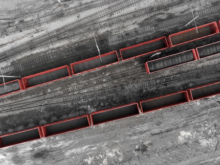 Panorama aerial view shot on railroad tracks with wagonsの写真素材