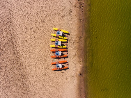 Panorama aerial view on the beach, catamarans, water bicycleの写真素材