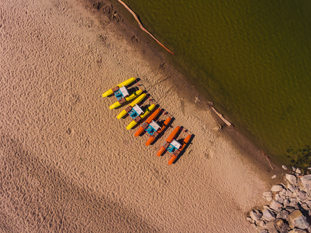 Panorama aerial view on the beach, catamarans, water bicycleの写真素材