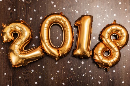 Bright metallic gold balloons figures 2018, Christmas, New Year Balloon with glitter stars on dark...