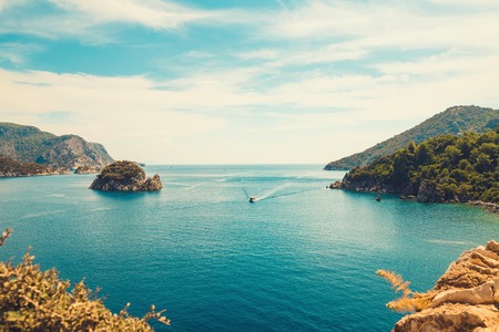 Panoramic beautiful view sea in the Turkish city of Icmeler. View of the island in the bayの写真素材